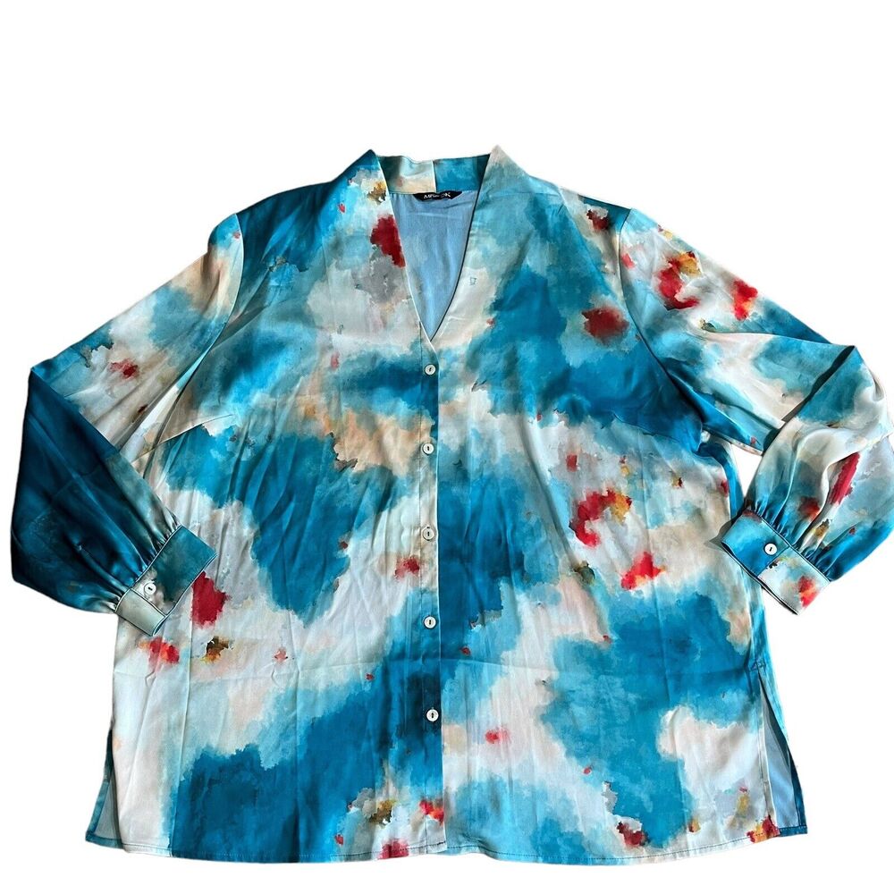 Misook Top Shirt Womens Size XL Blue White Watercolor Crepe De Chine MSRP 240.00